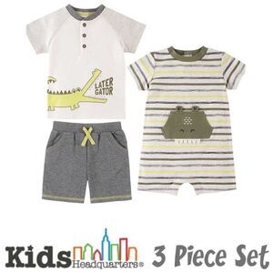 KIDS HEADQUARTERS Alligator 3-piece Romper Set: Sizes 6M, 9M, 12M, 18M
